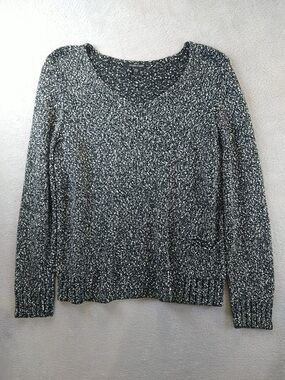 Eileen Fisher Boucle Sweater Black Boxy White V Neck. Medium